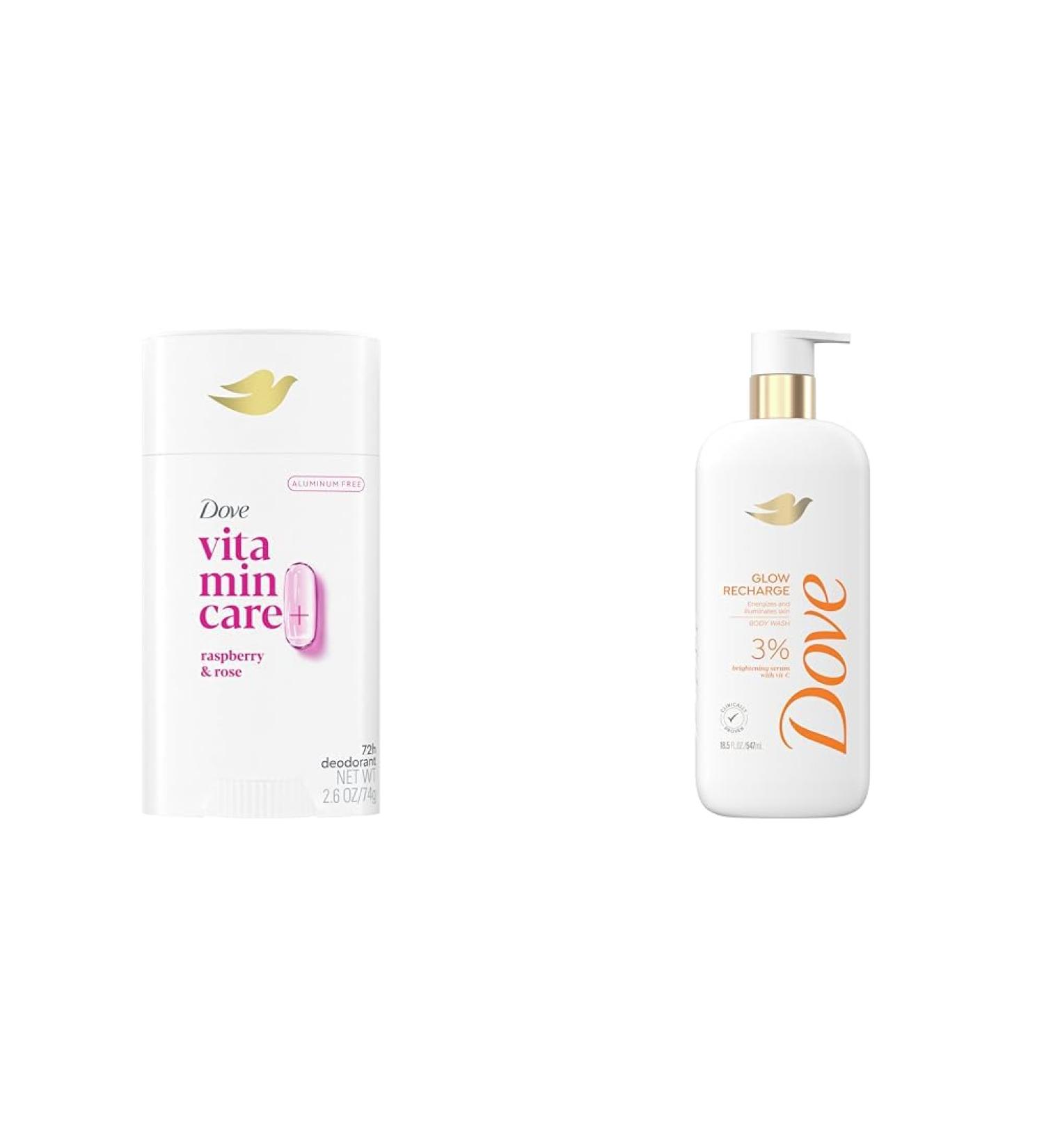 Dove VitaminCare+ Aluminum Free Deodorant Stick Raspberry & Rose 72H Odor Protection 2.6 oz + Dove Exfoliating Body Wash Glow Recharge Energizes & Illuminates Skin 18.5 oz