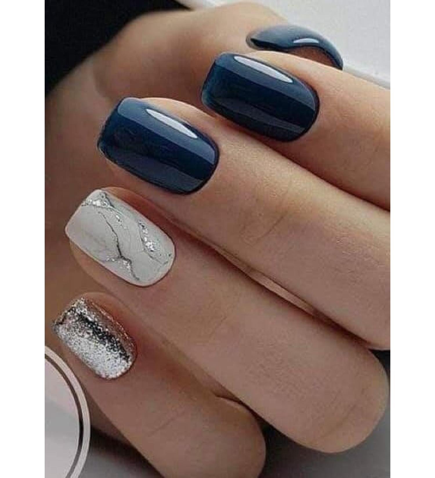 Blue False Nails Short Maggidea Stick on Nails 24pcs Square Press On Nails with Glue Elegant Simple Design Fake Nails for Women Girls (Blue White) - Buy Online on GoSupps.com