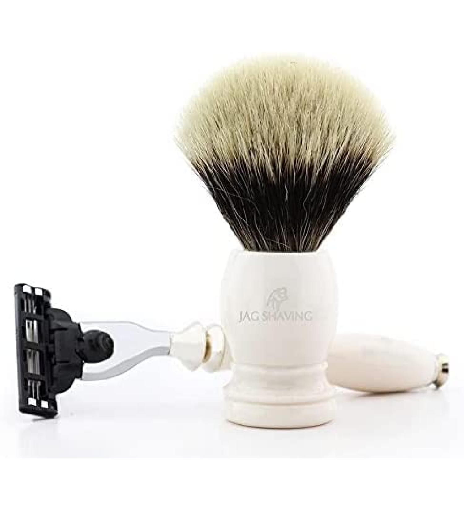 Jag Shaving 3-edge razor and badger shaving brush with silver tip and ivory handle