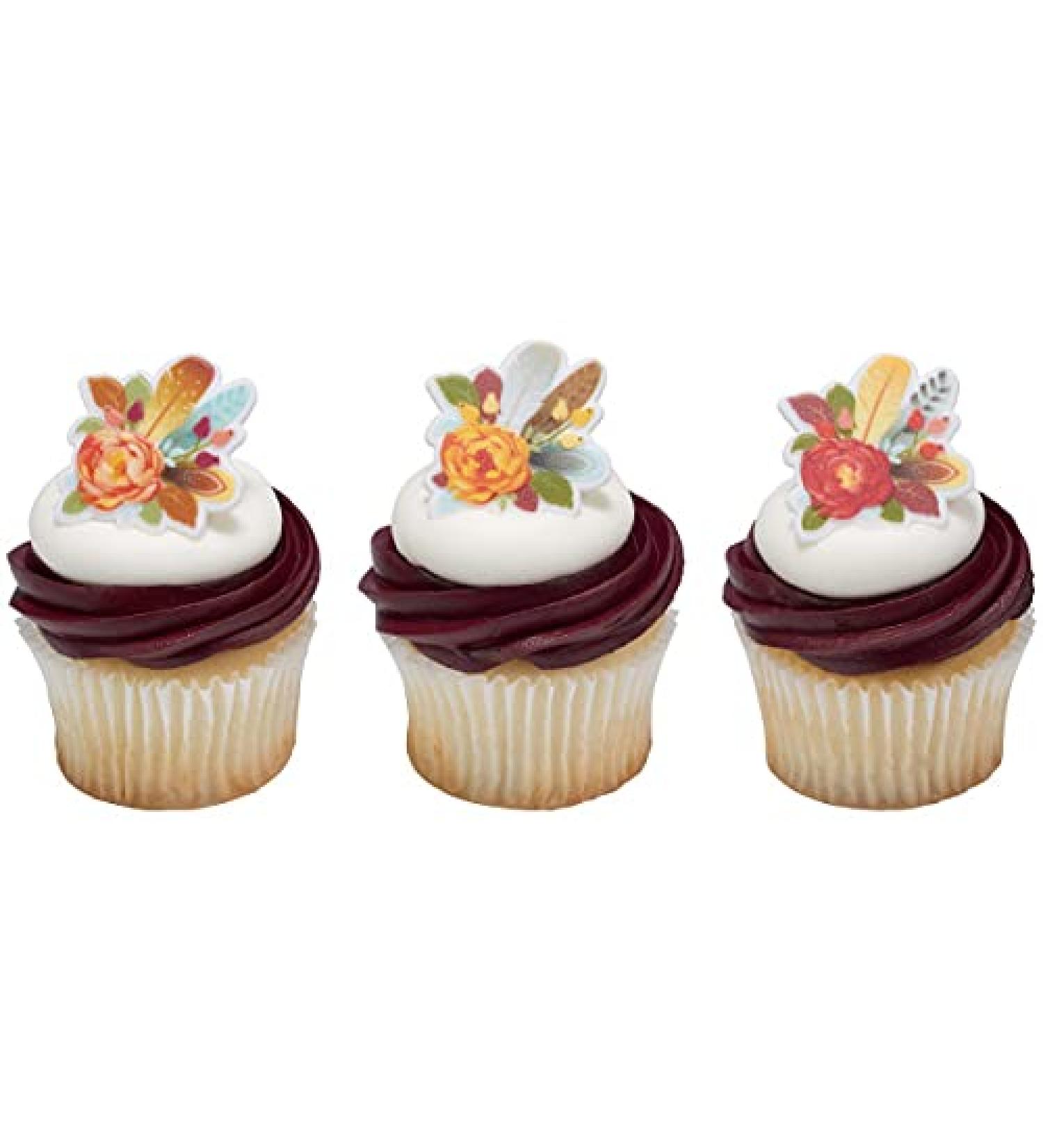 24 Fall Flowers and Feathers Cupcake Rings Toppers - Buy Online on GoSupps.com