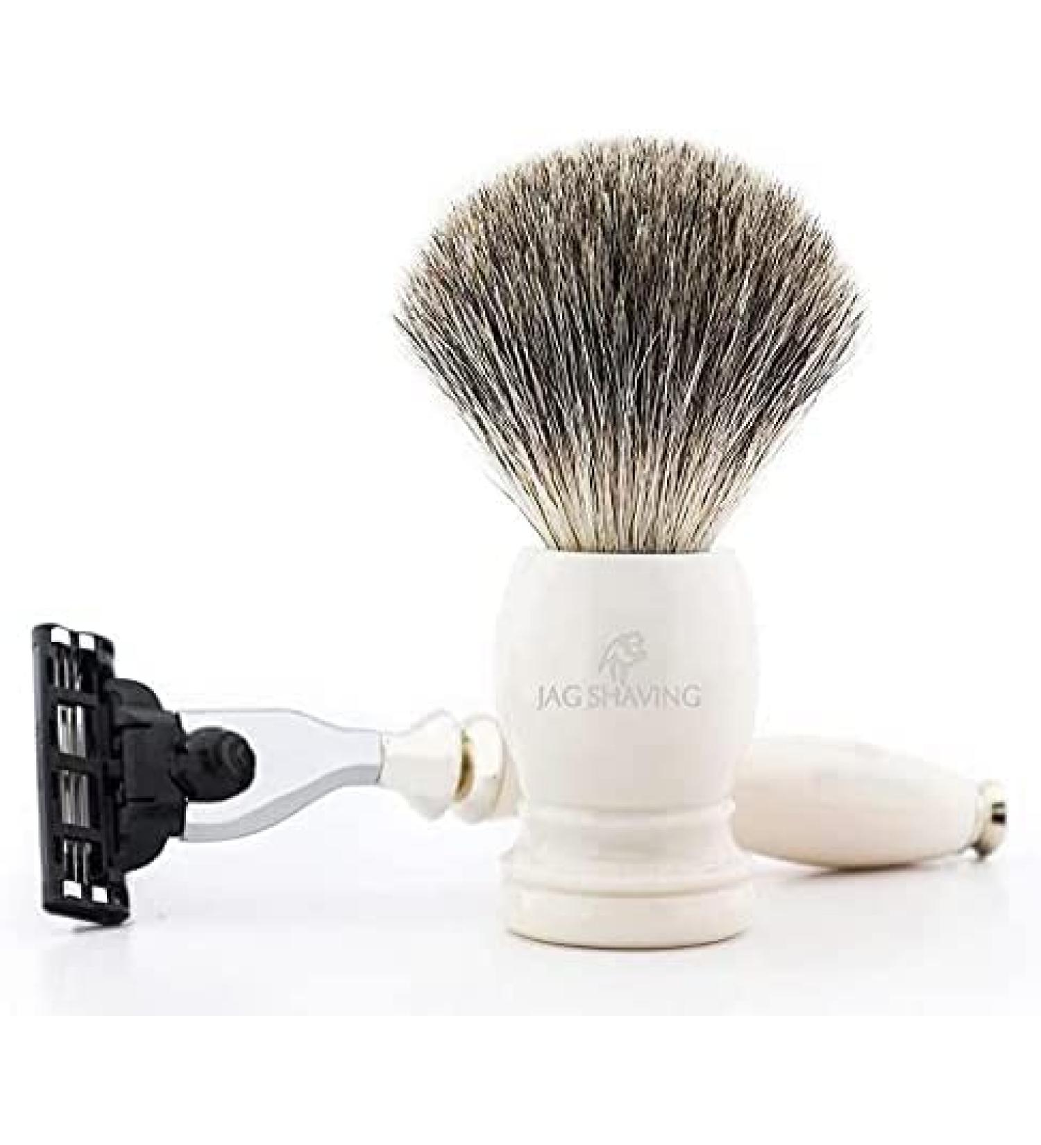 Jag Shaving 3-edge razor and badger shaving brush with silver tip and ivory handle