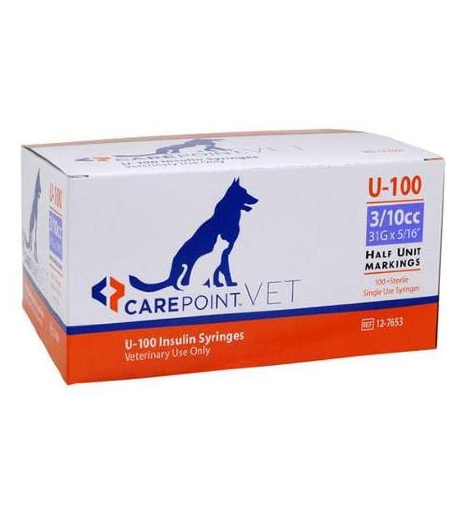 CarePoint Vet U-100 Insulin Syringe 3/10cc  31G x 5/16  100/Box 12-7653