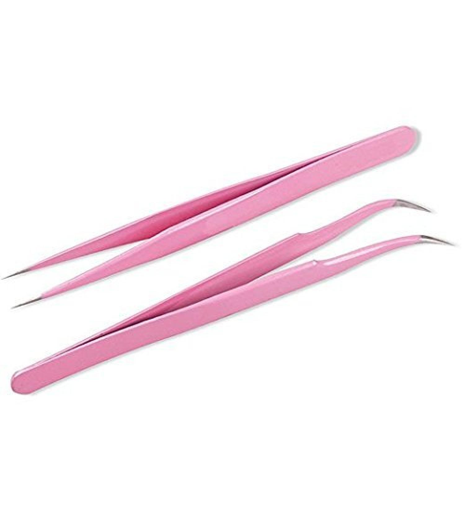 Onwon Pink Stainless Steel Tweezers for Eyelash Extensions - Straight and Curved Tip Nippers for False Lash Application - Buy Online on GoSupps.com