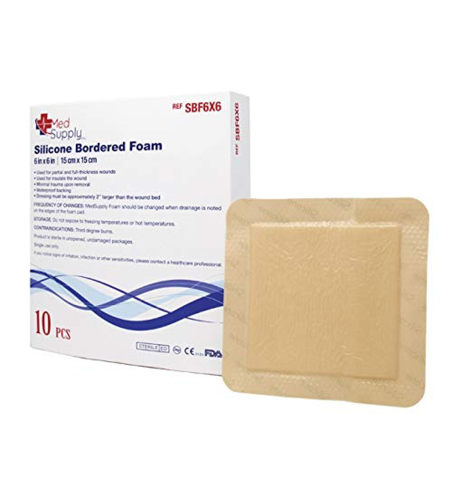 Medical Grade Premium MedSupply Silicone Bordered Foam Dressing. (6'' x 6'') Box of 10