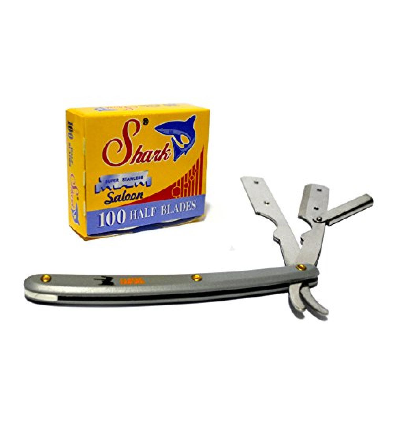 Stainless Steel Professional Gray Straight Edge Barber Razor + 100 Shark Blades - Premium Quality Shaving Tool for Barbers & Home Use - Buy Online on GoSupps.com