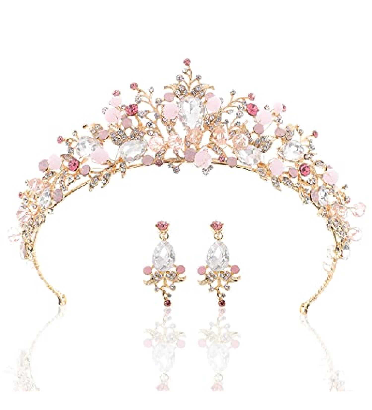 Gold Crystal Queen Crown Set - Princess Pageant Tiaras with Earrings for Women and Girls - Buy Online on GoSupps.com
