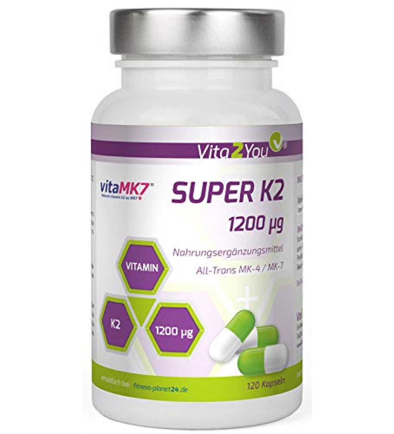 Vita2you Super K2 1200 g Vitamin K2 - Original Vitamk7 - High-Dose MK-7 & MK-4 (99% All Trans) - 120 Premium Quality Capsules - International Shipping Available - Buy Online on GoSupps.com