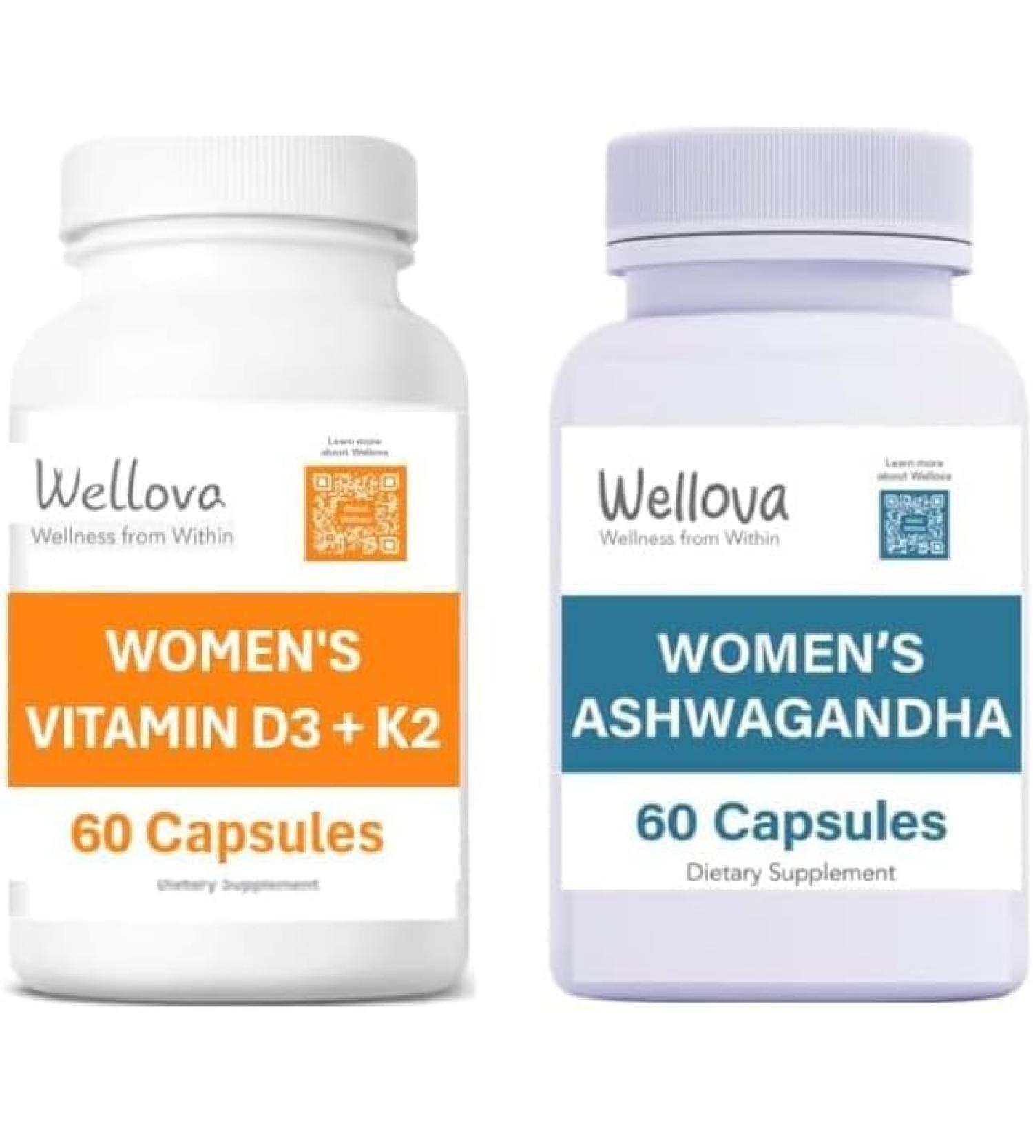 Wellova Women's Ashwagandha 60 Capsules + Women's D3 & K2 60 Capsules - Bundle - Buy Online on GoSupps.com