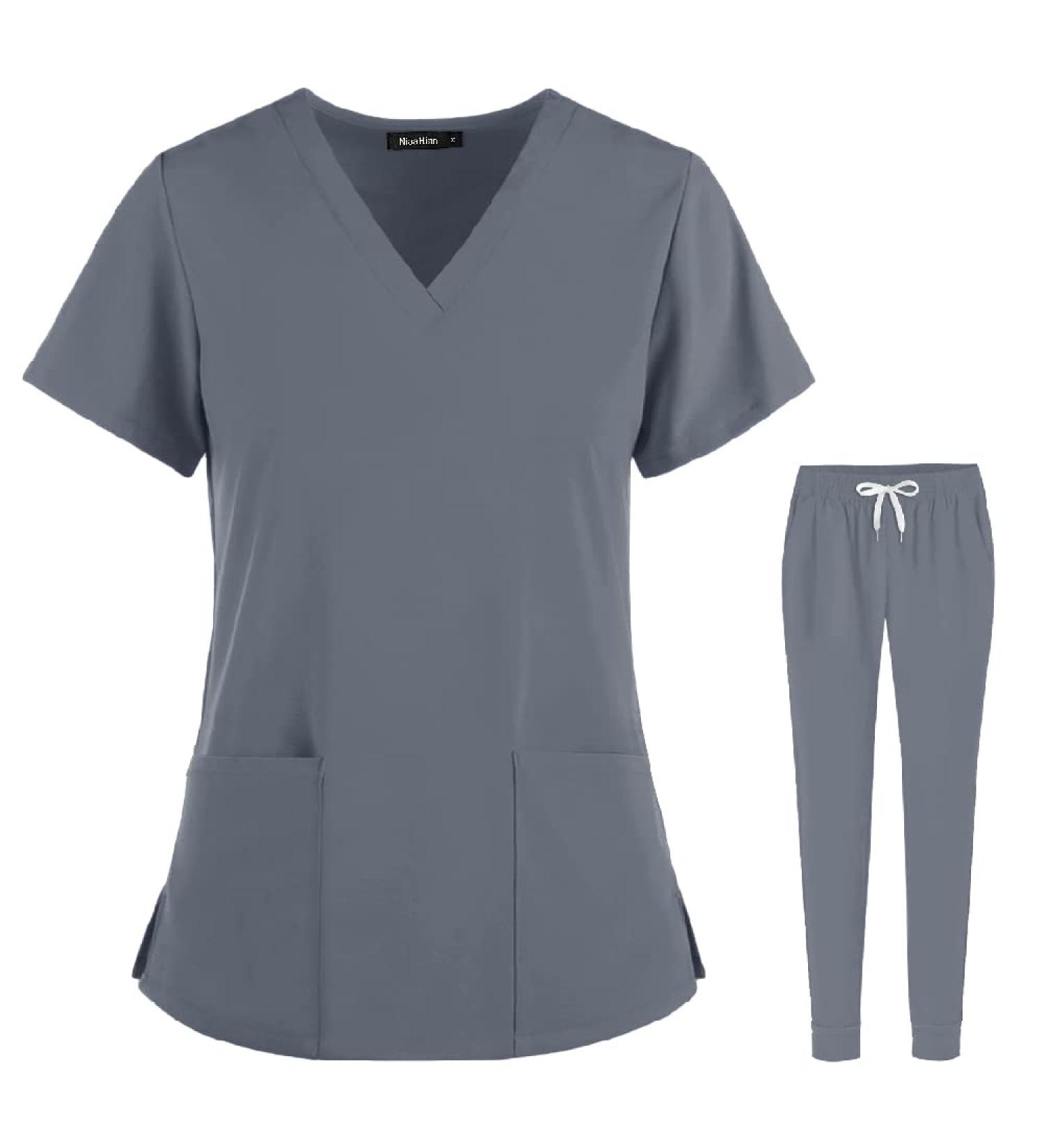 Women's Scrub Set: V-Neck Top & Jogger Pants | Grey Workwear Uniform with Athletic Stretch | Size Small - Buy Online on GoSupps.com