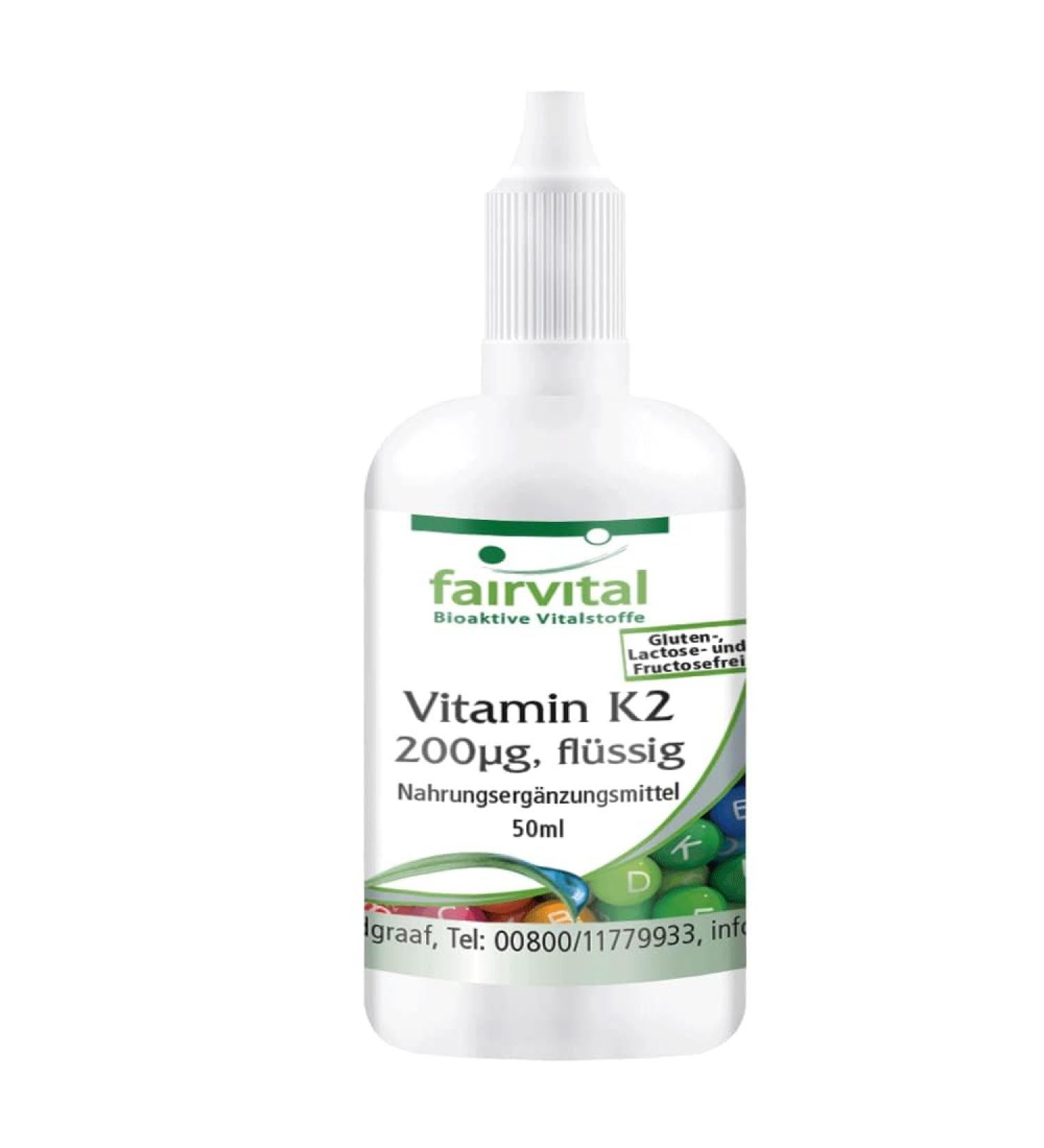 Fairvital Vitamin K2 Liquid 50ml - Highly Dosed Menaquinone MK-7 from Natto - Vegan - 1/2 Year Supply - Buy Online on GoSupps.com