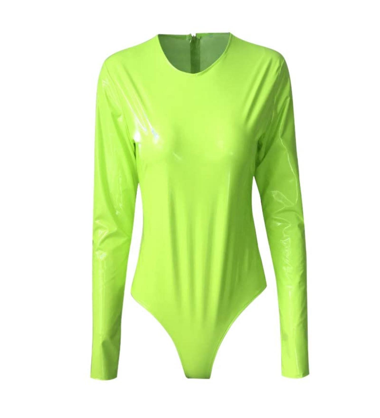 Elegant Women's Metallic Liquid Glossy Long Arm Gym Ballet Dance Leotard - Synthetic Leather Jumpsuit Costume - Buy Online on GoSupps.com