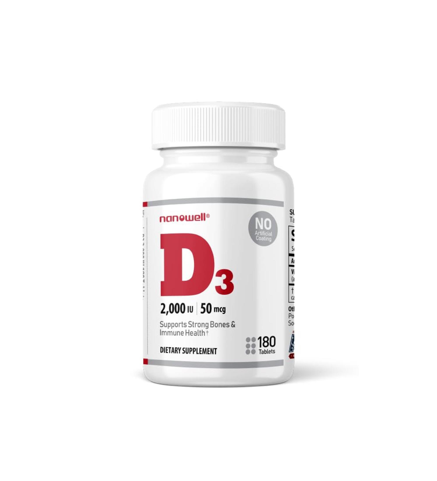 NANOWELL Vitamin D3 2000iu (50 mcg) - Bone Muscle Health and Immune Support Supplement - 180 Tablets 180 Day Supply 2 000 IU Tablets - Buy Online on GoSupps.com