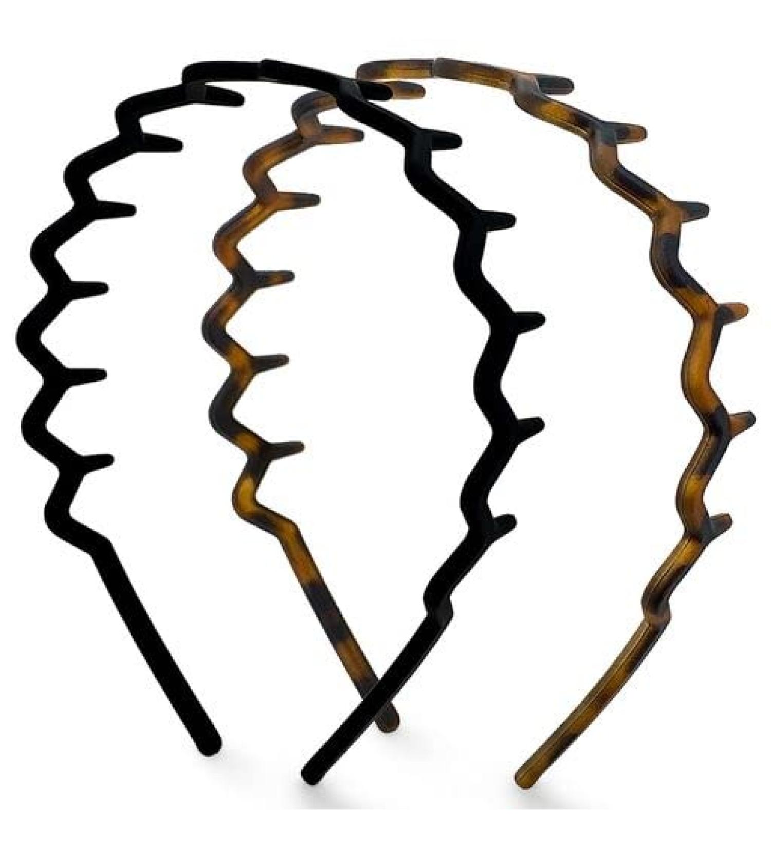 Kitsch Zig Zag Headbands - Men & Women's Recycled Plastic Hair Bands | Classic 90s Style | Wavy Headband with Teeth | 2pc Set in Black & Tort - Buy Online on GoSupps.com