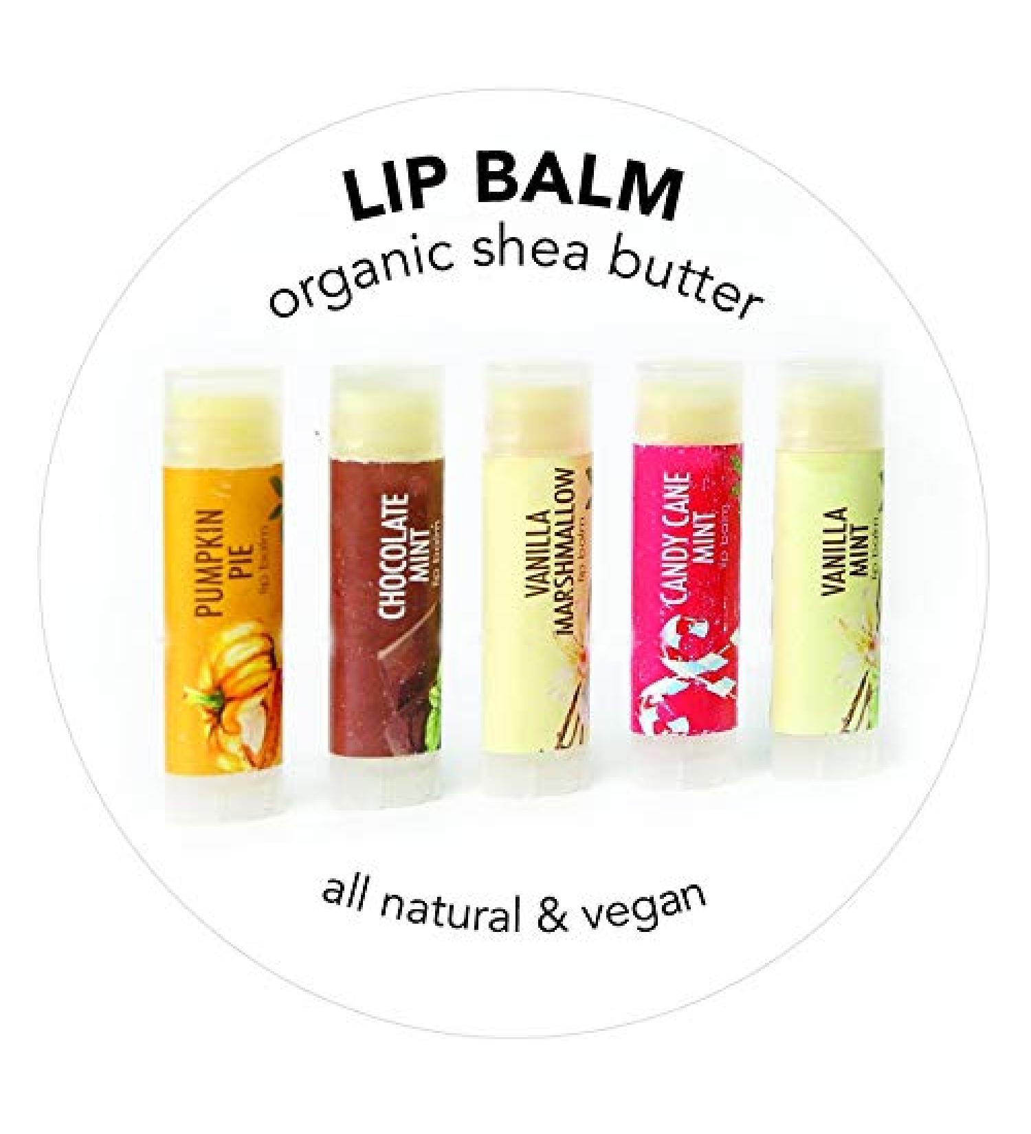 Good Earth Beauty Natural Lip Balm - 5 Pack - Candy Cane Vanilla Marshmallow Pumpkin Pie Chocolate Mint Vanilla Mint