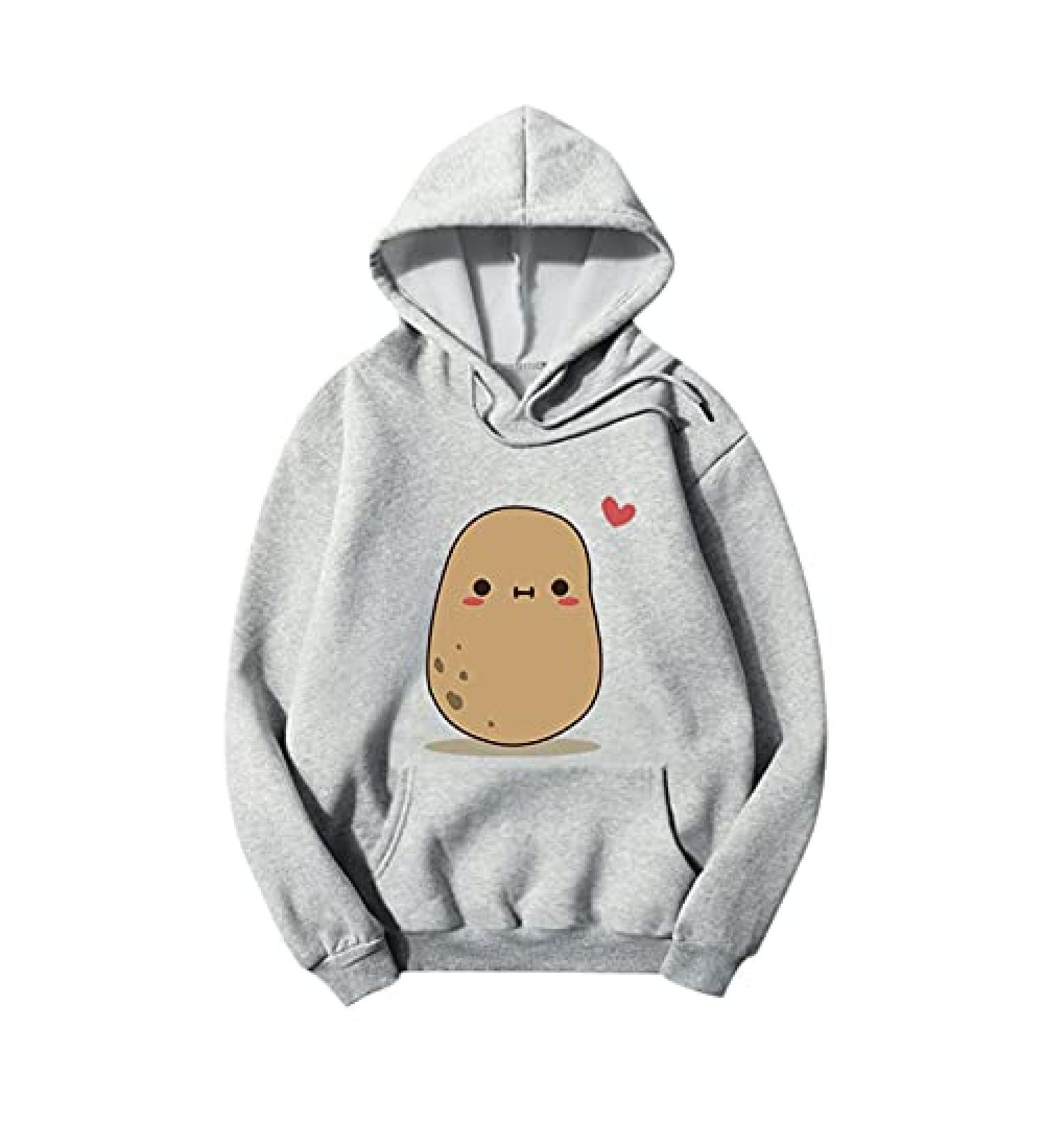 IFOTIME Cute Hoodies for Teen Girls Pullover Potato Heart Printed Solid Color Hooded Sweatshirt Sport Ligthweight B11 Gray Small