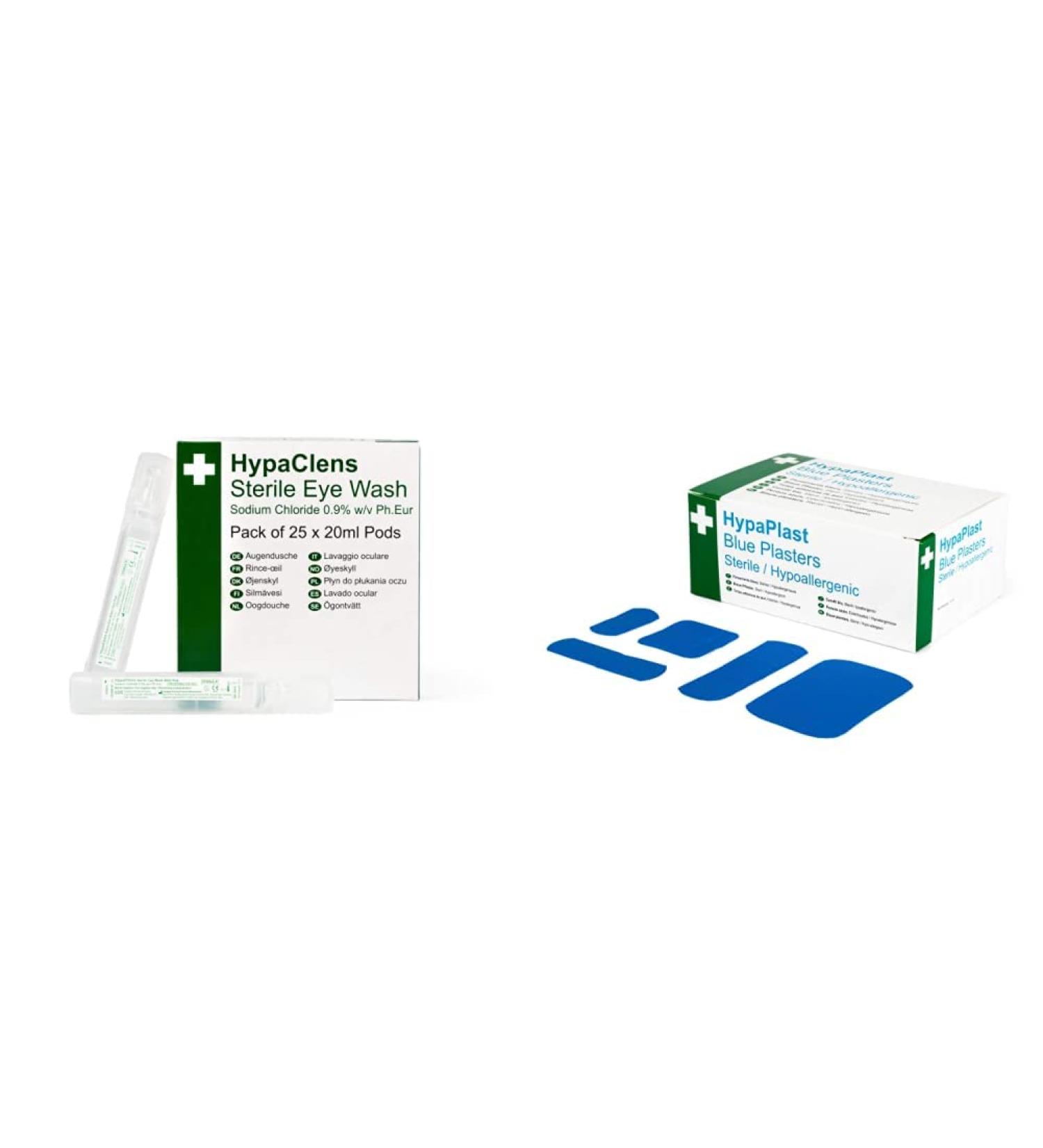 HypaClens Saline Eye Wash Pods (Pack of 25) & HypaPlast Blue Catering Plasters Assorted (Pack of 100) Sterile Hypoallergenic One Size + Catering Plasters Single - Buy Online on GoSupps.com