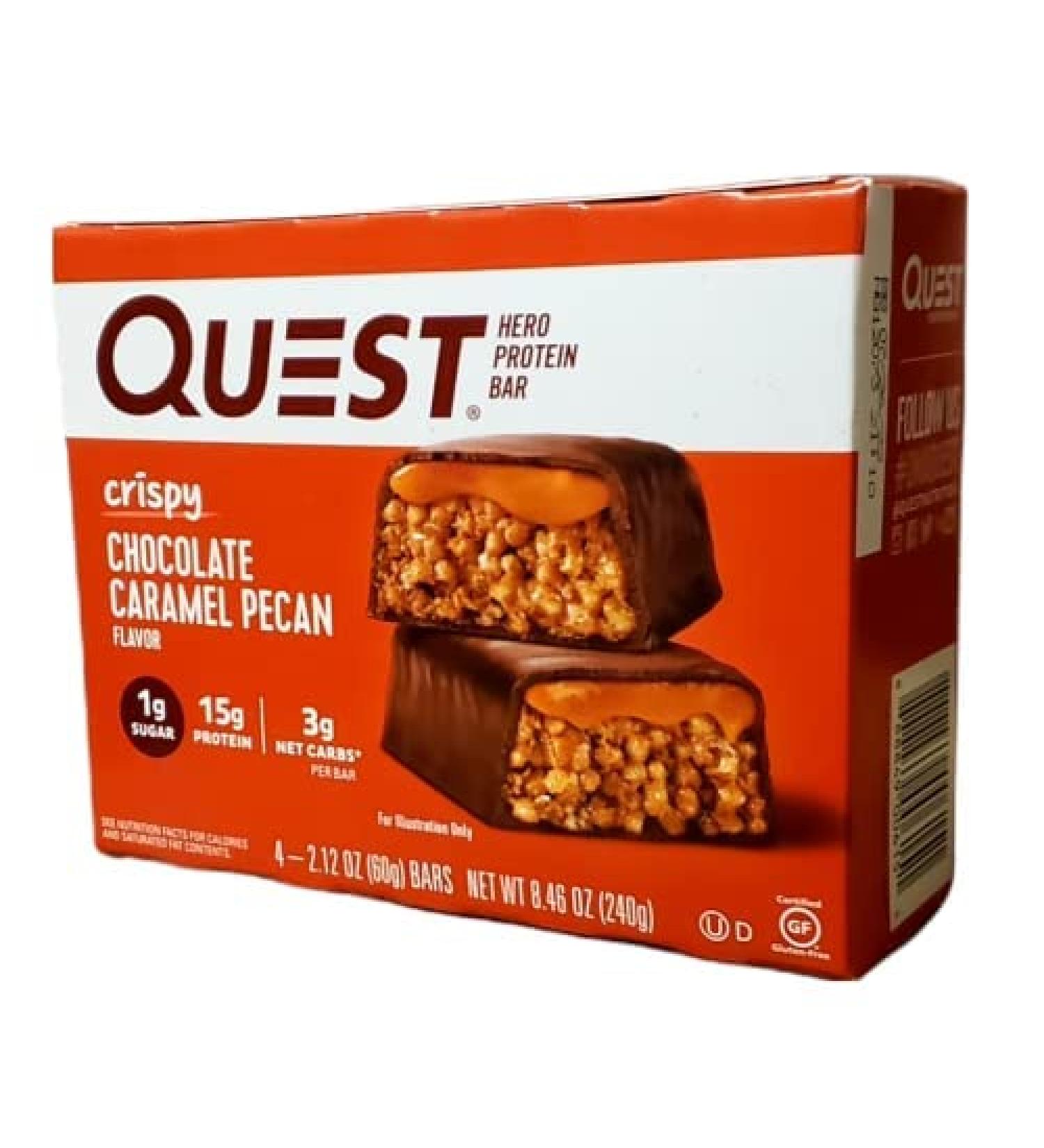 2 Set of 4 - Bars each inside - 2.12oz (60g) each Net WT 8.46oz (240g) QUEST HERO PROTEIN BAR - CRISPY CHOCOLATE CARAMEL PECAN FLAVOR 2.12 Ounce