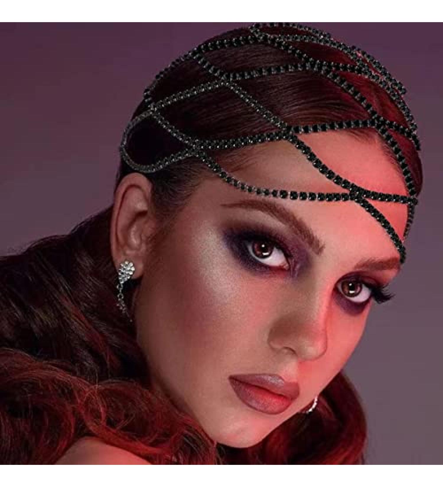 XSBODY 1920s Rhinestone Mesh Cap Headpiece for Women - Black Flapper Head Chain Jewelry, Gatsby Cleopatra Hair Accessory - Buy Online on GoSupps.com