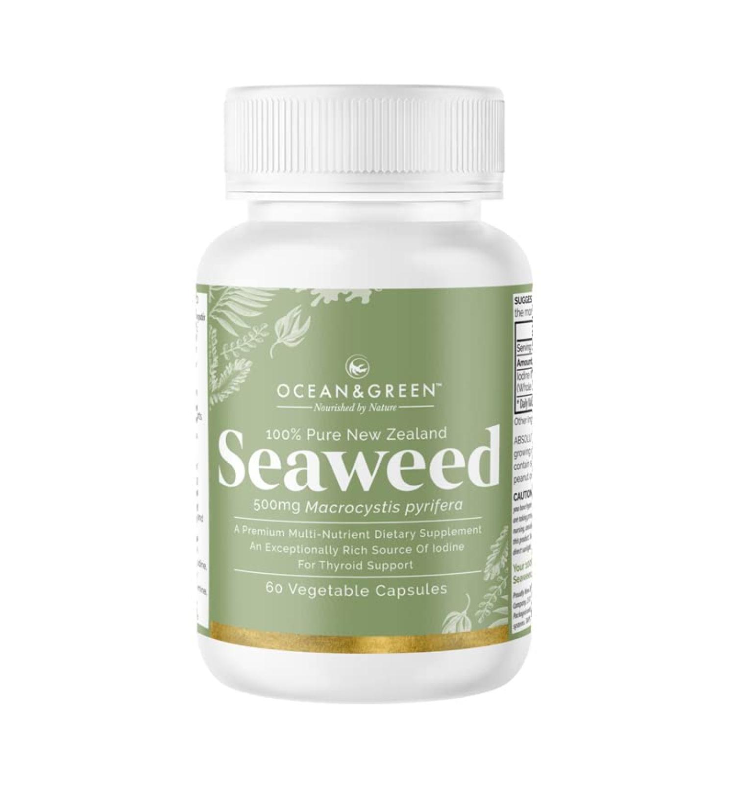 Oceangreen Organics Seaweed Kelp Supplements | Premium New Zealand Blend - 100% Pure Organic & Natural - Multi-Nutrient & Thyroid Support - 60 Vegetarian Capsules - Buy Online on GoSupps.com