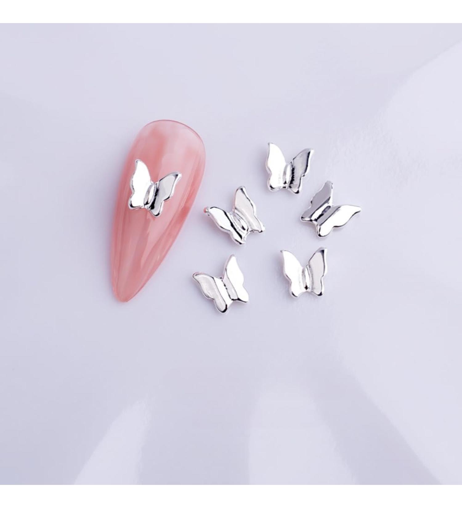 10pcs Nail Art Ribbon Bow Studs Silver Golden Metal 3D Butterfly Charms Nail Decoration Manicure DIY Design Accessories (8022)