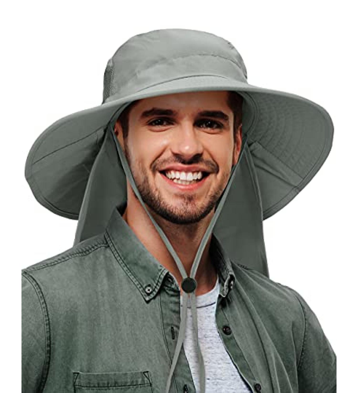 Men's Wide Brim Sun Hat with Neck Flap - Grey | Outdoor Fishing Safari Cap - Buy Online on GoSupps.com