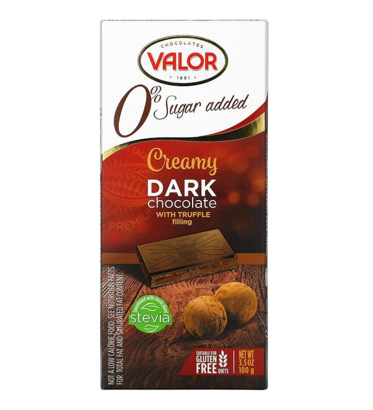 Valor Creamy Dark Chocolate With Creamy Truffle Filling 0% Sugar Added 3.5 oz (100 g)
