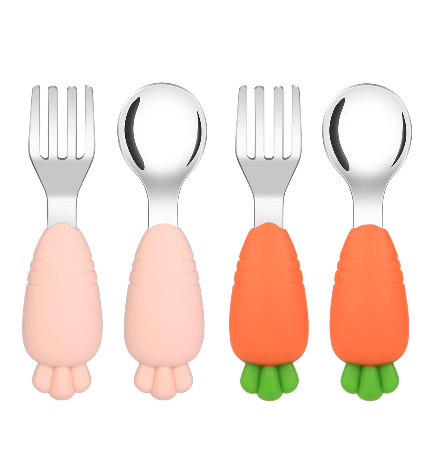 Vicloon Toddler Fork and Spoon Set - Stainless Steel Baby Utensils for Self Feeding - Pink-Orange - 4 Pcs - Buy Online on GoSupps.com