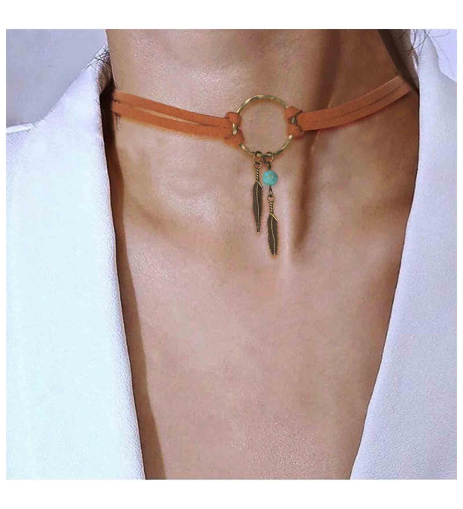 Boho Layered Suede Choker Necklace with Tiny Leaf Pendant & Turquoise Beads - Stylish Jewelry for Women & Girls - Buy Online on GoSupps.com