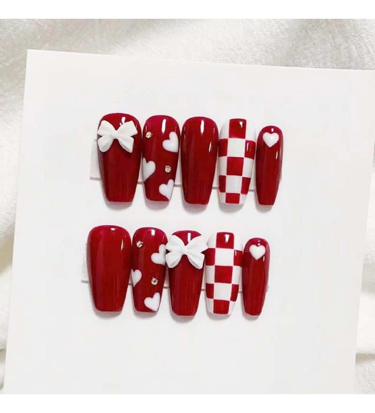 Christmas American Independence Day Flag Wearing Armor Christmas False Nail Wine Red Sweet Cool False Nail Beauty Patch(Color:Bow 2 Size:S)