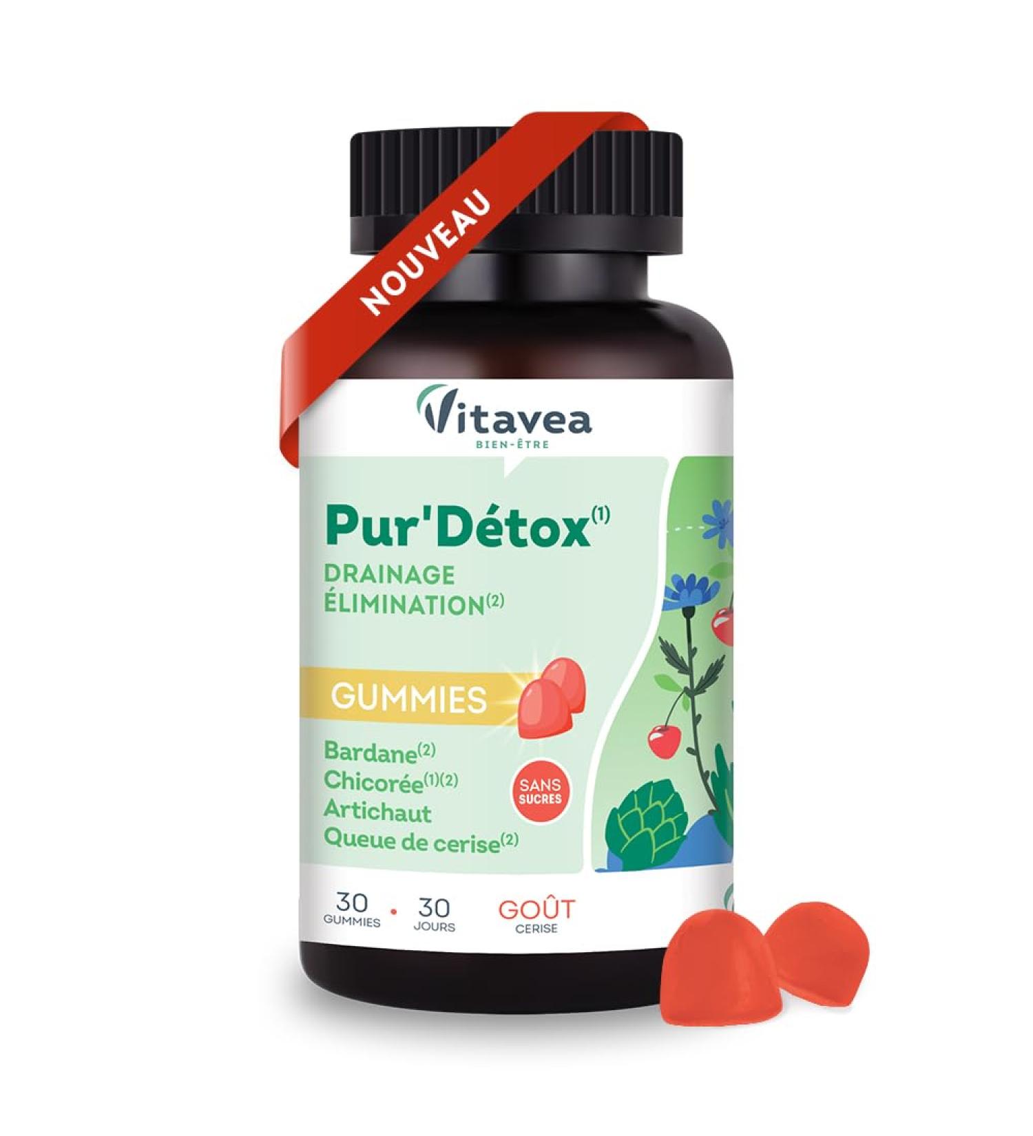 VITAVEA BIEN-ETRE Wellness - Pur'Detox Gummies - Triple Action: Detox Drainage and Elimination - Cherry Tail Chicory Burdock and Artichoke - Global Detox Action - 30 Gummies - Cherry Flavor - Buy Online on GoSupps.com