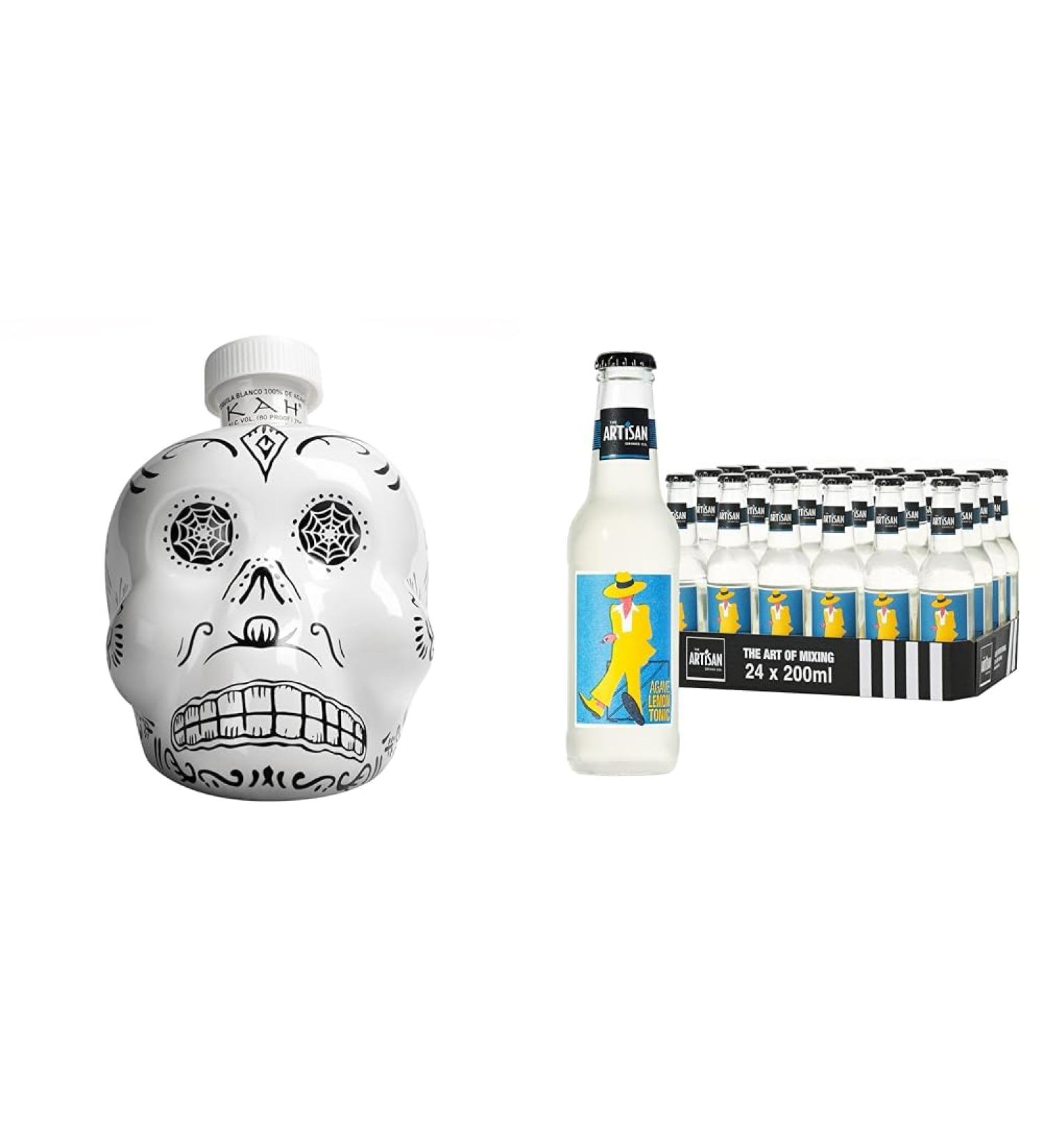 KAH Tequila Blanco - Day of the Dead Decorated White Bottle - 100% Blue - 40% vol 70 cl (700ml / 0.7 Litre) + Agave Lemon Tonic Water- 200mlx24 Tonic Water Bottles - Buy Online on GoSupps.com
