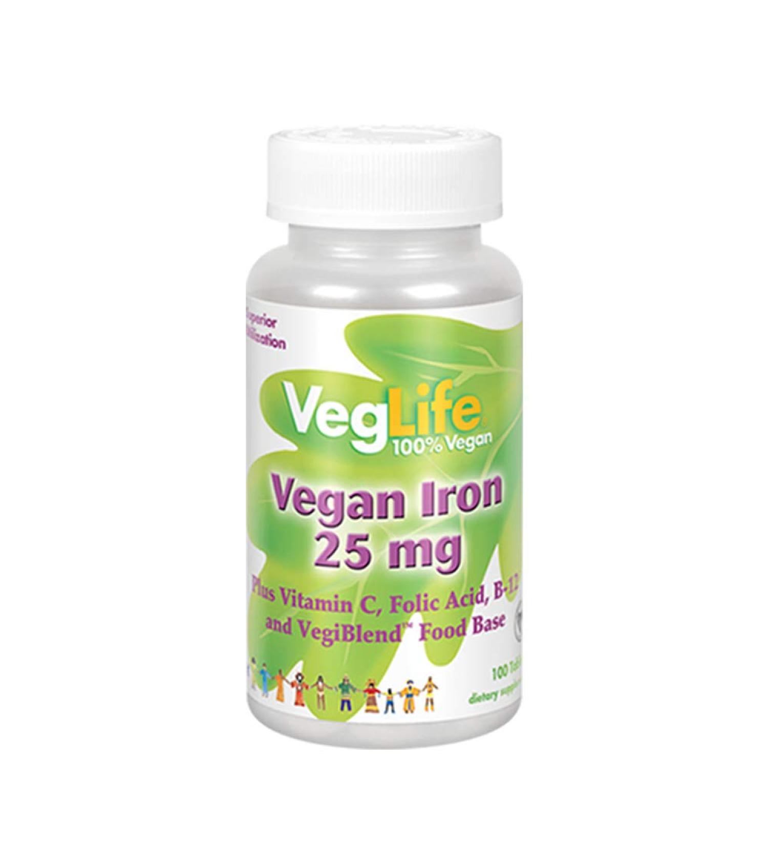 VegLife Vegan Iron 25mg Supplement with Vitamin C, Folic Acid, B-12, and VegiBlend Food Base - Plant Based Iron for Women & Men - 100 Tablets - Buy Online on GoSupps.com