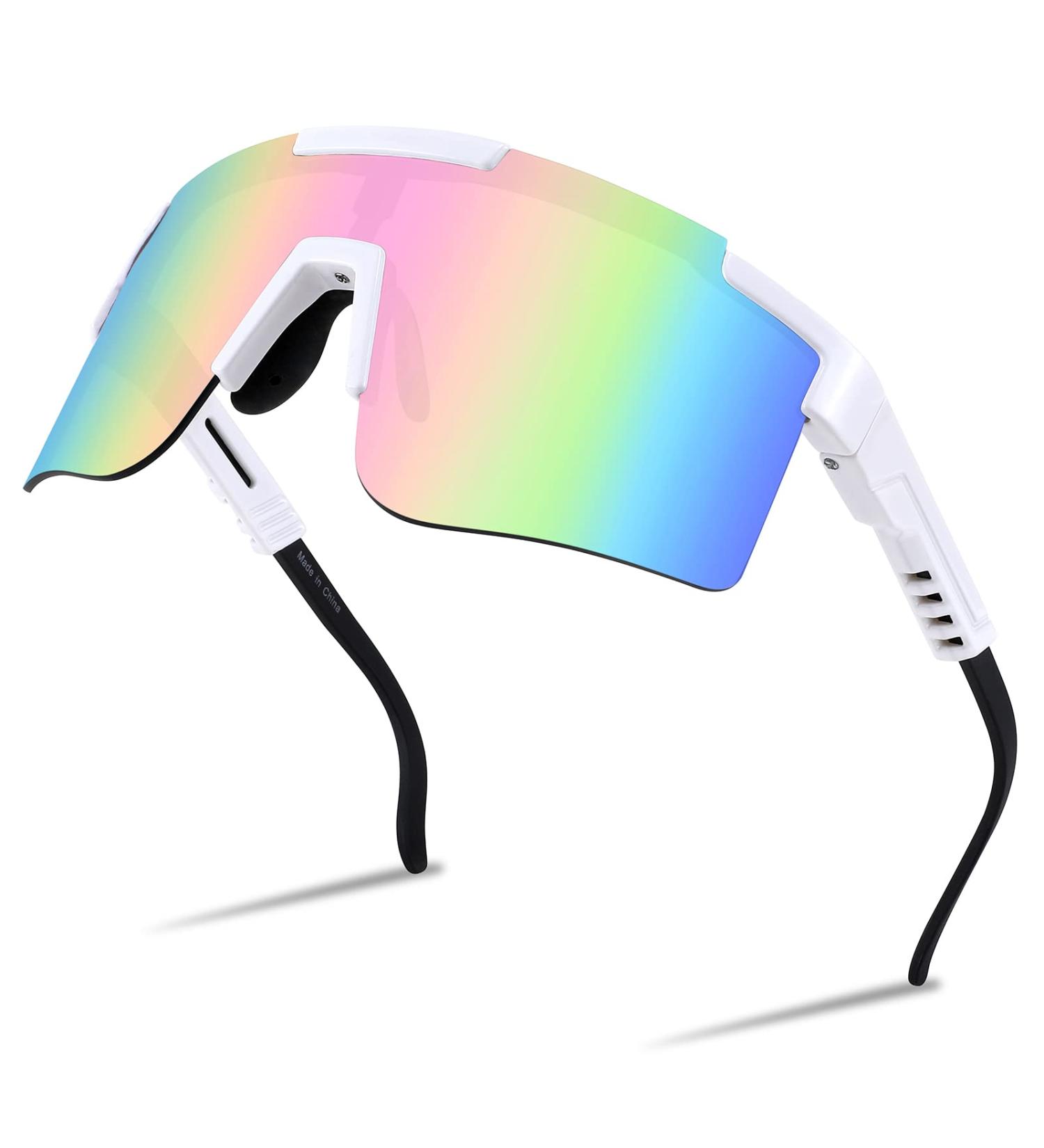 FEISEDY Wraparound Sports Sunglasses | Rainbow-Mirror Shield | Adjustable Legs | 75mm Lens - Buy Online on GoSupps.com