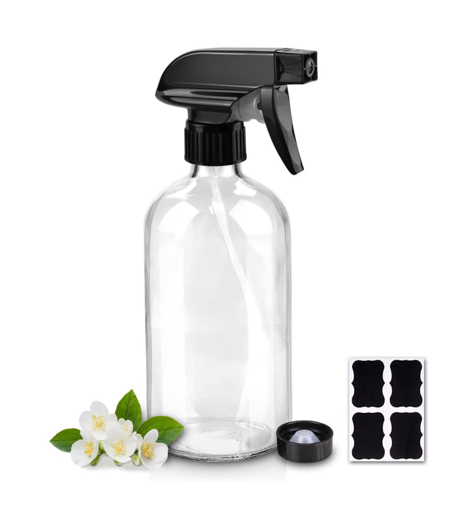 16oz Clear Glass Spray Bottle - Refillable Boston Round Container with Labels & Adjustable Nozzle for Cleaning, Gardening, Aromatherapy, Pets, Plant, Hair - 1 Pack - Buy Online on GoSupps.com