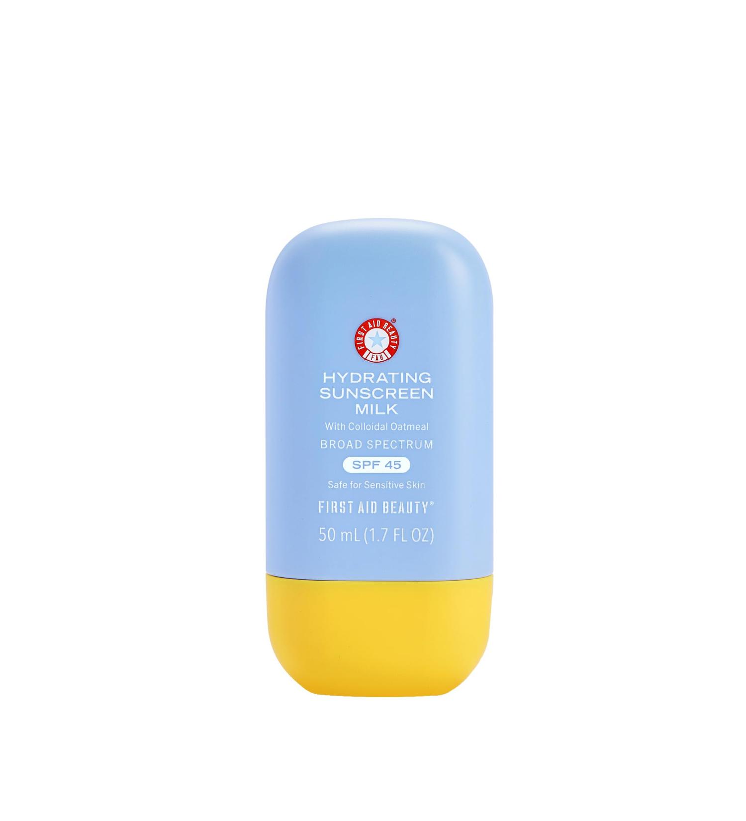 First Aid Beauty - Hydrating Sunscreen Milk with Colloidal Oatmeal Broad Spectrum SPF 45 Non-comedogenic SPF Formula Helps Nourish Skin with Organic UV Filters & Glycerin 24-hour Hydration 1.7 oz | Non-comedogenic SPF  - Buy Online on GoSupps.com