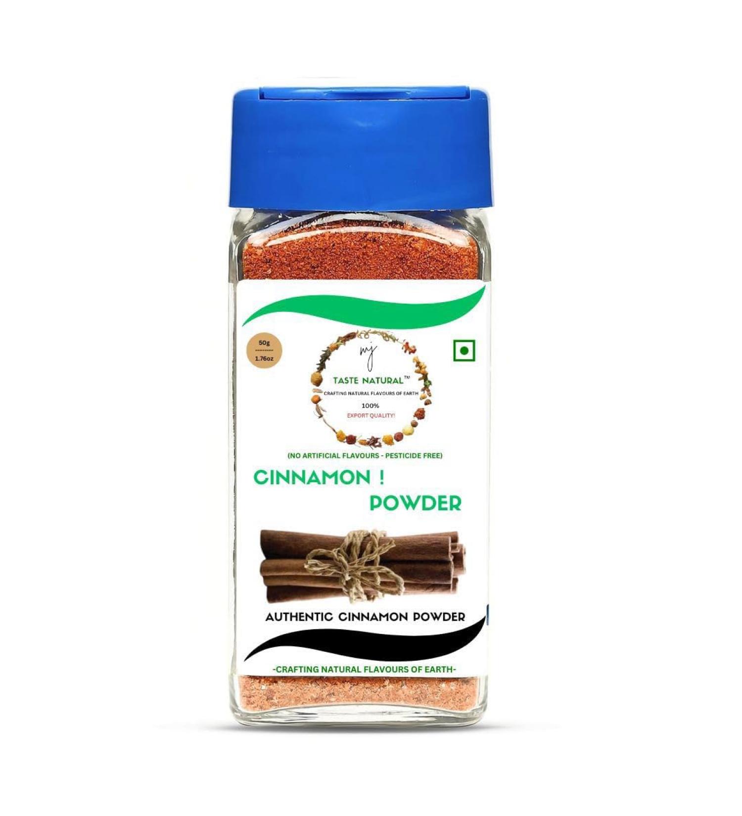 MJ TASTE NATURAL Cinnamon Powder 50g 1.76 oz True Cinnamon Premium Grade Harvested & Packed Pure Ground Perfect For Cooking Baking Cakes Cookies Pies Custards and Puddings Juices | Plastic Free | Reusable Jar With Seasoning Cap | Product Of IN - Buy Online on GoSupps.com