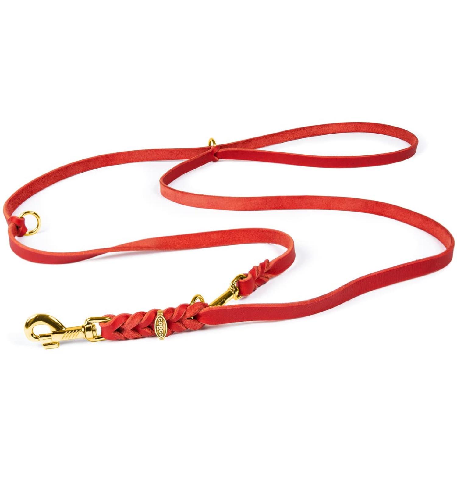 Copcopet 3-Way Adjustable Dog Leash - Handmade Fat Leather Leash for Dogs - 100% German Quality - 3m x 8mm - Brass Fittings & Carabiners - Soft Red Braided Design - Buy Online on GoSupps.com