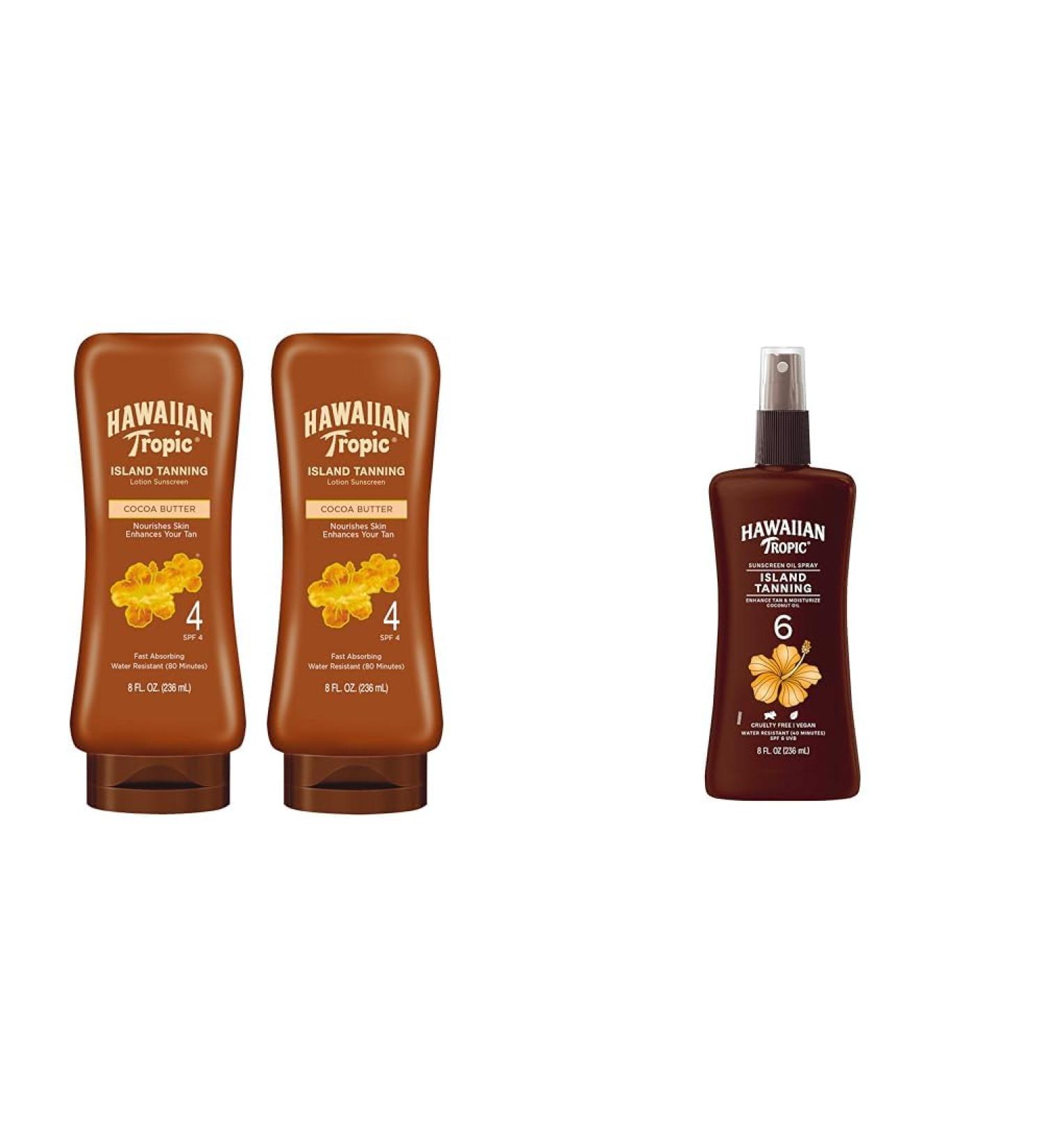 Hawaiian Tropic Island Tanning Lotion Sunscreen SPF 4 Twin Pack and Tanning Oil Spray Sunscreen SPF 6 - Buy Online on GoSupps.com