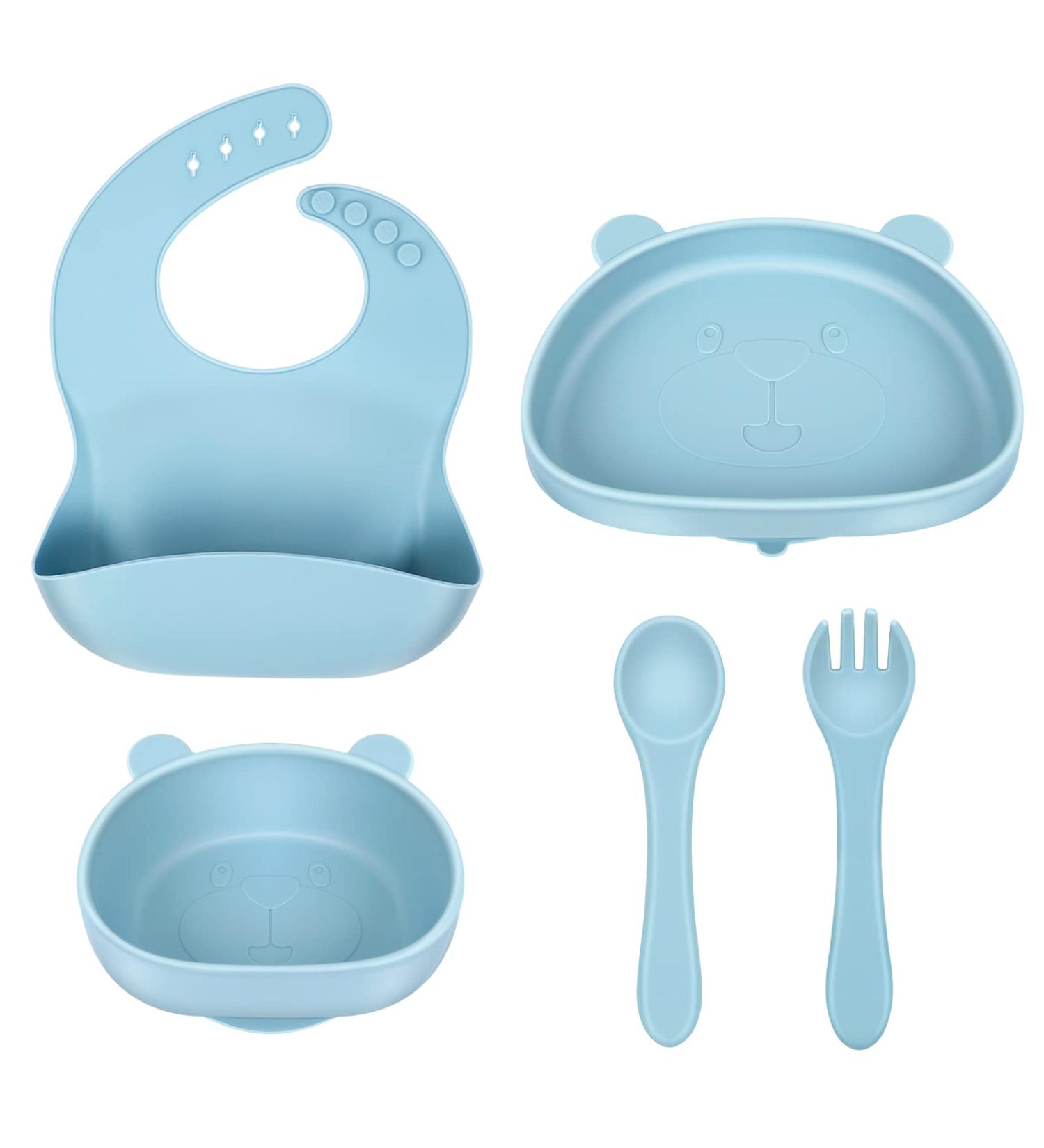 ZS ZHISHANG Baby Weaning Set - Silicone Baby Feeding Set with Suction Bowls, Plates, Cutlery - Blue - Ideal Baby Gifts - Buy Online on GoSupps.com