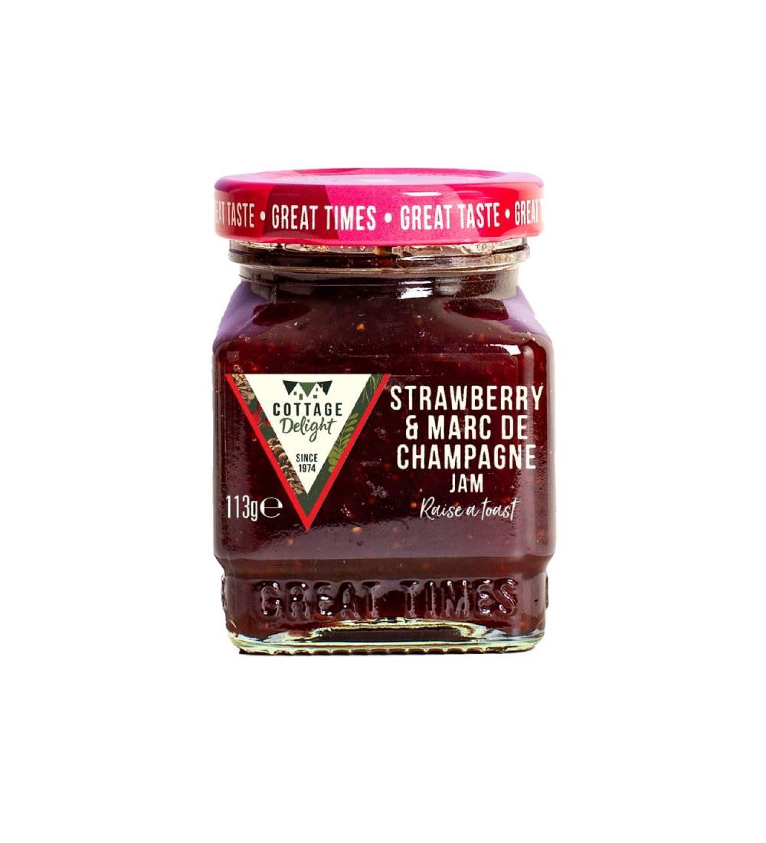 Cottage Delight Strawberry & Marc de Champagne Jam luxury strawberry jam with fine Marc de Champagne fruity spread and gourmet jam in a glass jar British specialty