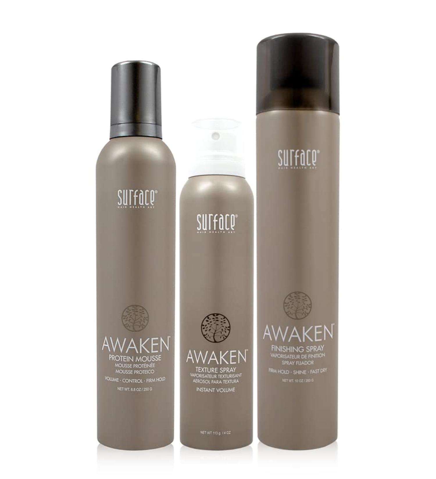 Surface Hair Awaken Styling Trio: Awaken Mousse and Texture Spray PLUS Awaken Finishing Spray - Buy Online on GoSupps.com