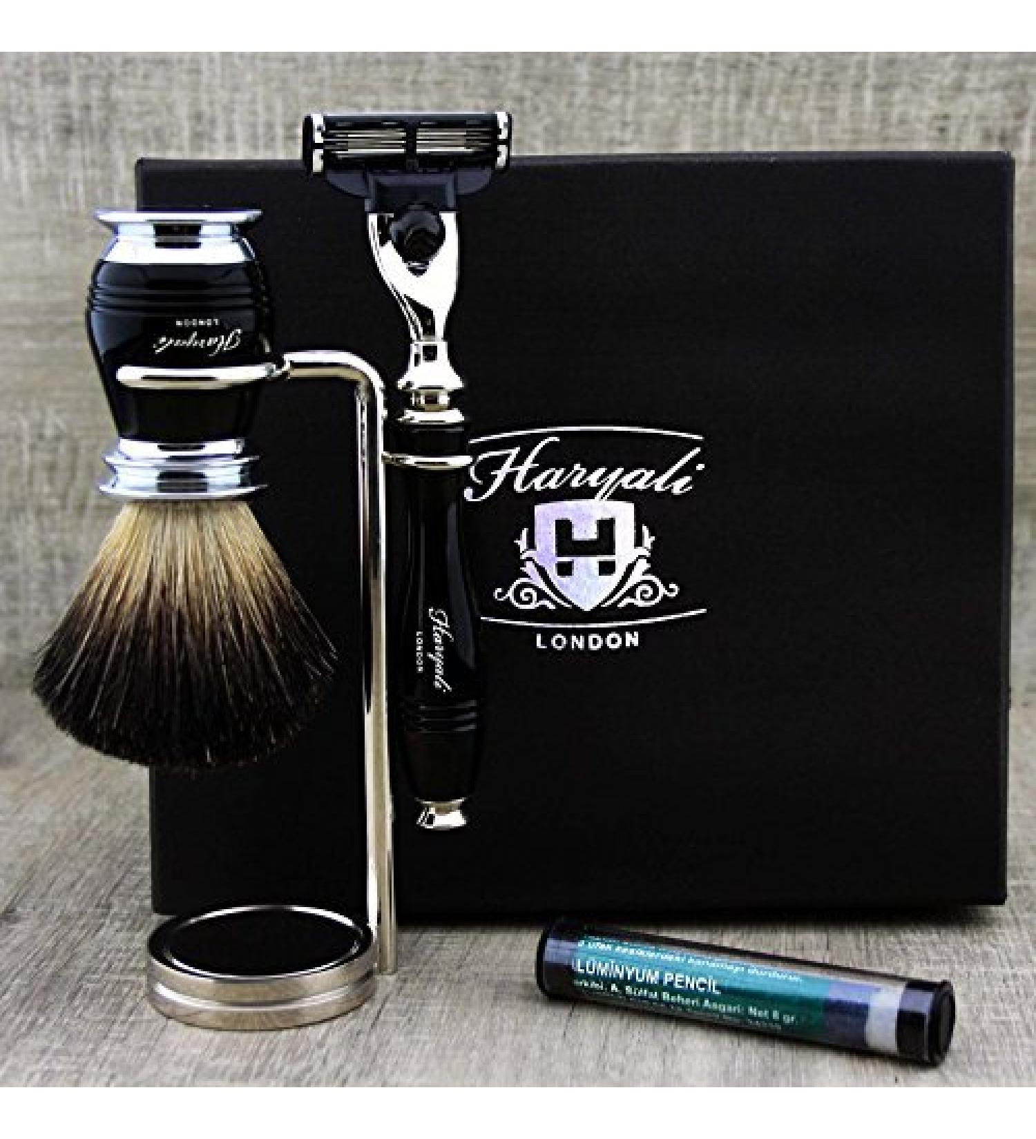 Mens Grooming & Shaving Kit - 4Pc Set with 3 Edge Razor Black Badger Hair Brush Stand & Alum Pencil for Perfect Shave - Buy Online on GoSupps.com