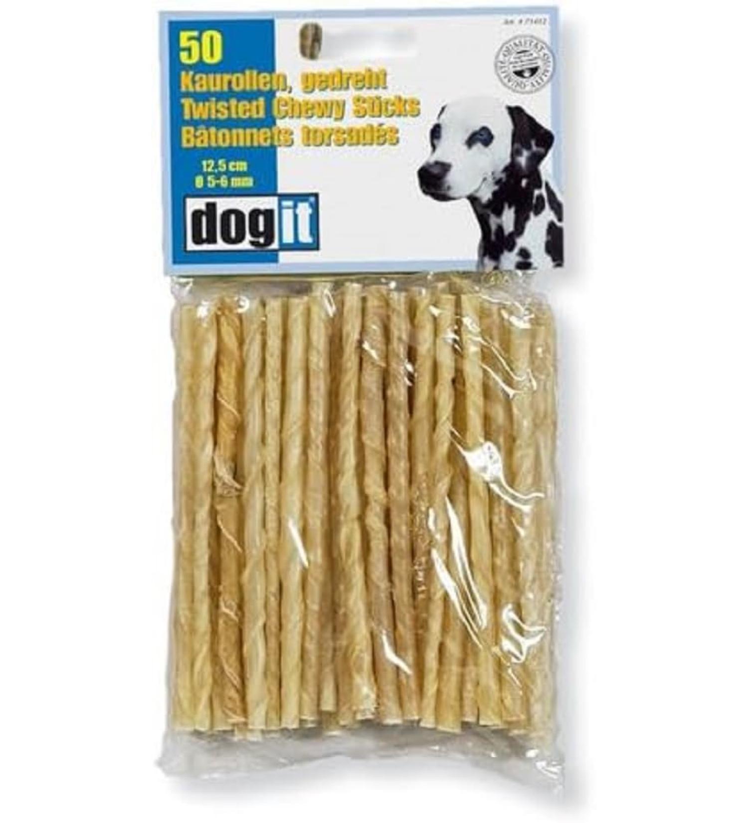 Dogit Rawhide Chew Stick Twisted 5-6mm X 12.5cm (0.2-Inch X 5-Inch) 50-Pack
