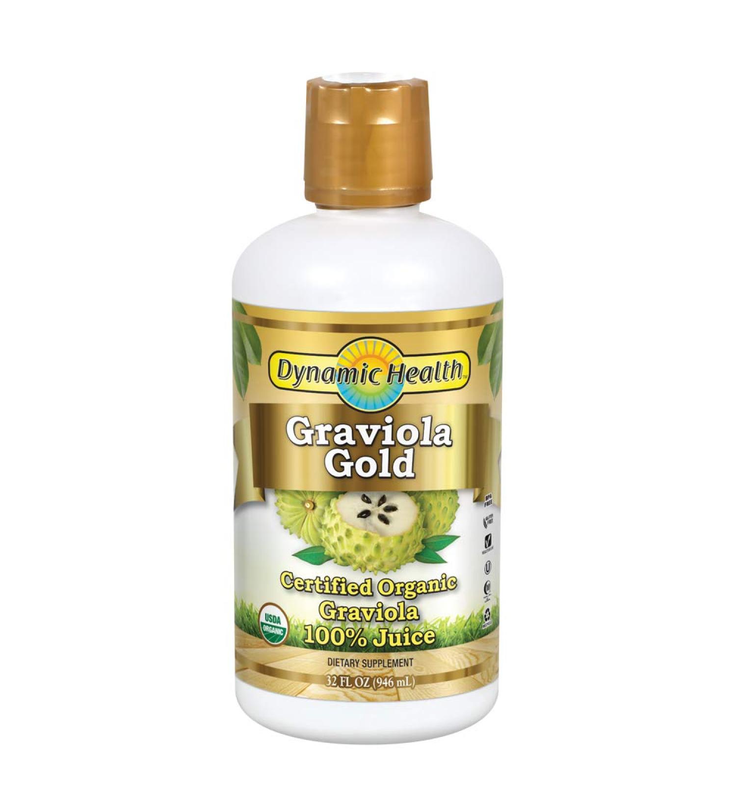 Dynamic Health Graviola Gold - Organic 100% Graviola Juice | 32oz Vegetarian Dietary Supplement, Gluten & BPA Free - Buy Online on GoSupps.com