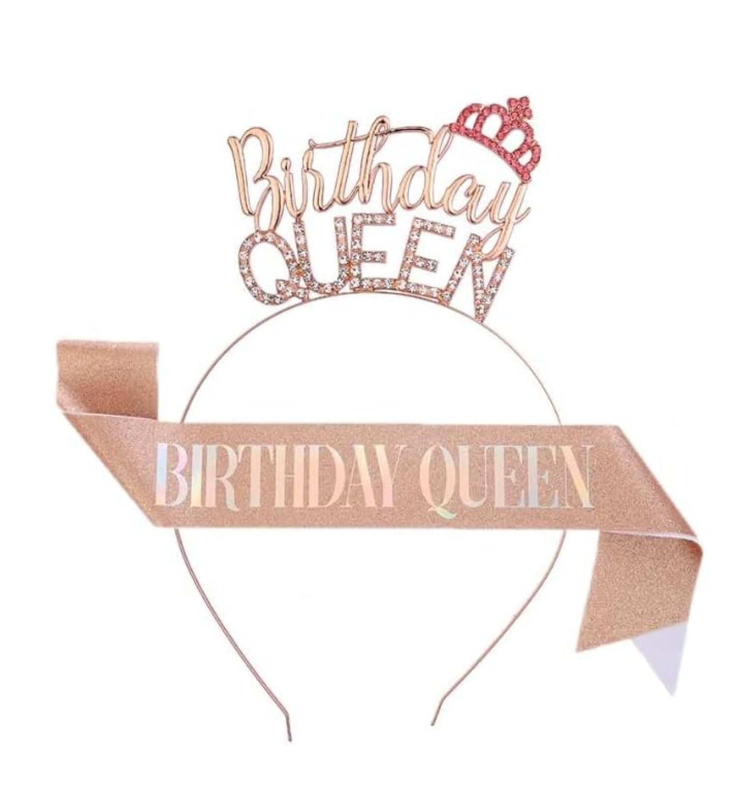 Veewon Rhinestone Rose Gold Glitter Birthday Queen Sash and Tiara Headband for Women Girls Birthday Gifts - Buy Online on GoSupps.com