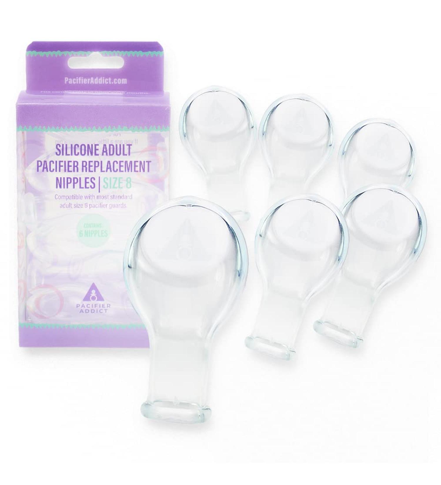 Pacifier Addict - Size 8 Nipples - Replacement Adult Pacifier Teats (Set of 6) (Clear)
