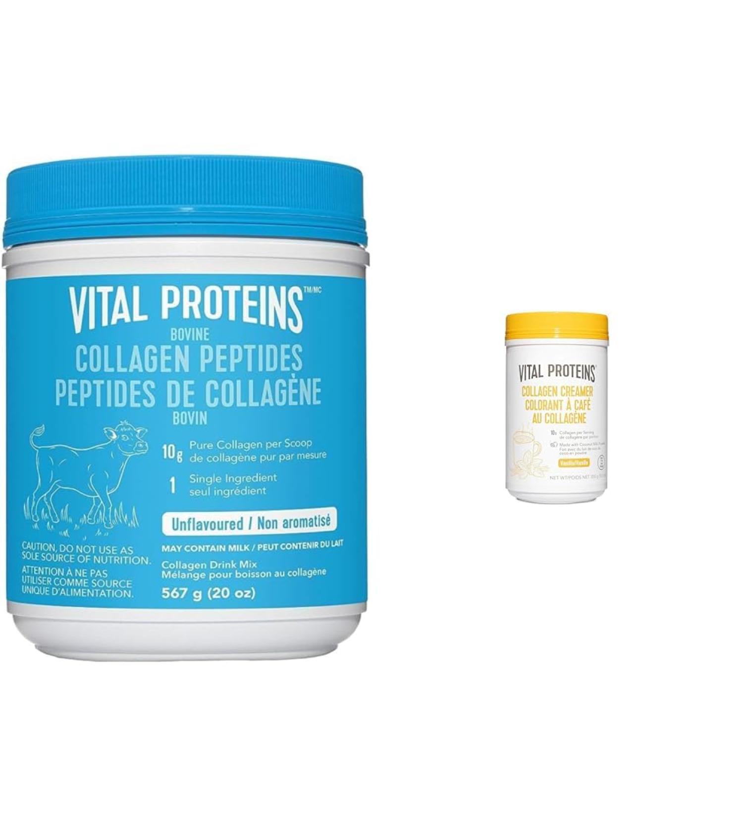 Vital Proteins Collagen Peptides 567g - Hydrolyzed Collagen - 10g per Serving - Unflavored & Collagen Creamer 300g 10 g Collagen Peptides per serving - Vanilla Flavoured - Buy Online on GoSupps.com