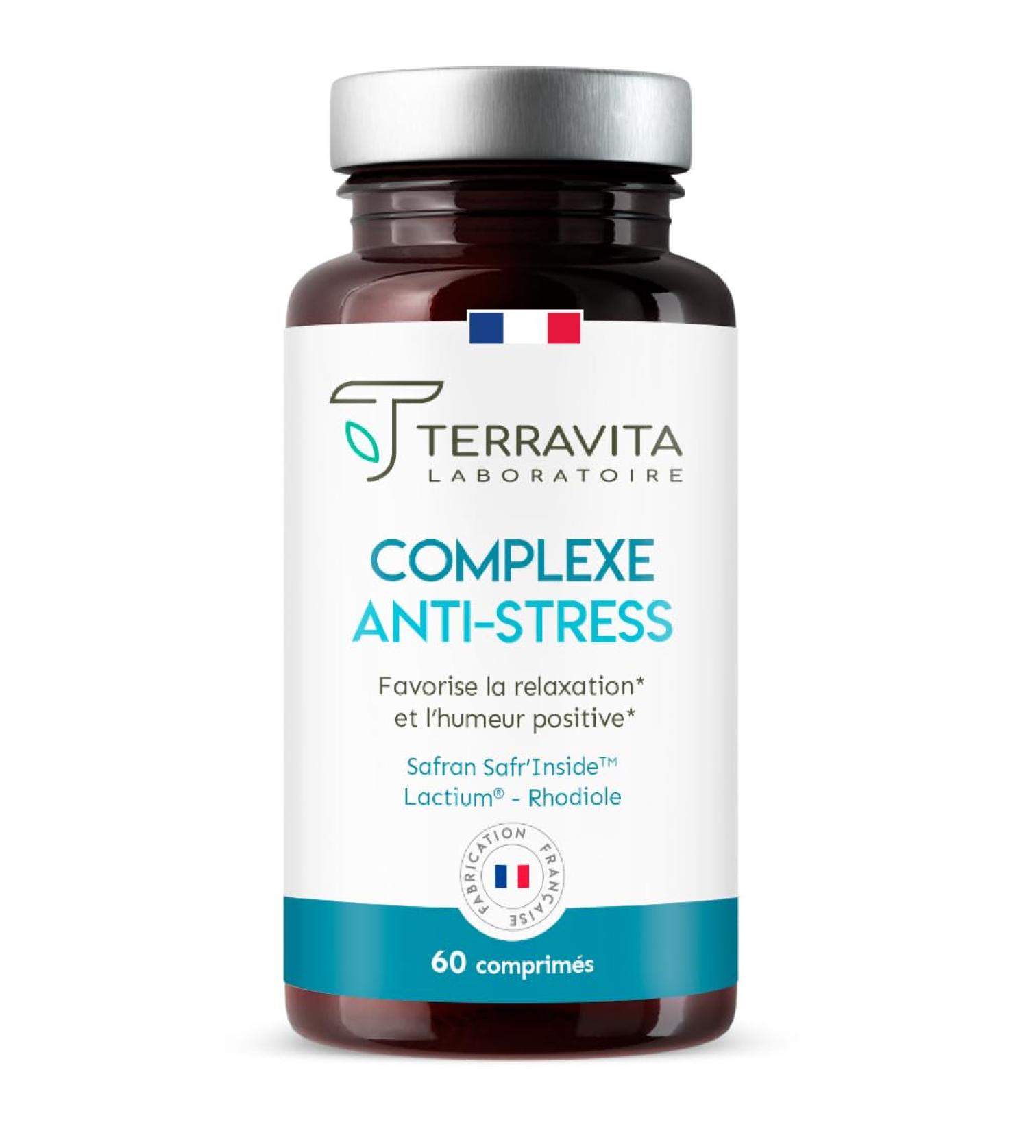 ANTI-STRESS Complex | Stress and Anxiety Reduction | Rhodiola + Marine Magnesium + Vitamin B6 | With Lactium and Safr Inside Patented Saffron | 60 Tablets | Made in France | Terravita - Buy Online on GoSupps.com