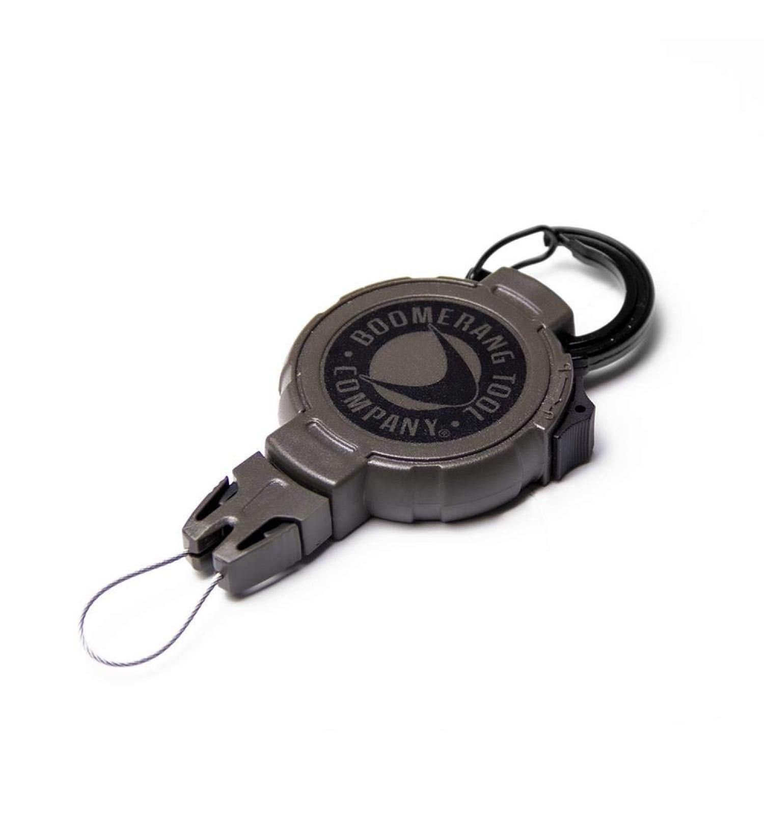 Boomerang Tool Company Hunting Retractable Gear Tether with a Retractable Kevlar Cord and Carabiner, Hook & Loop Strap or Belt Clip and Universal Wire End Fitting - Made in The USA Large Carabiner (48" / 8oz.)