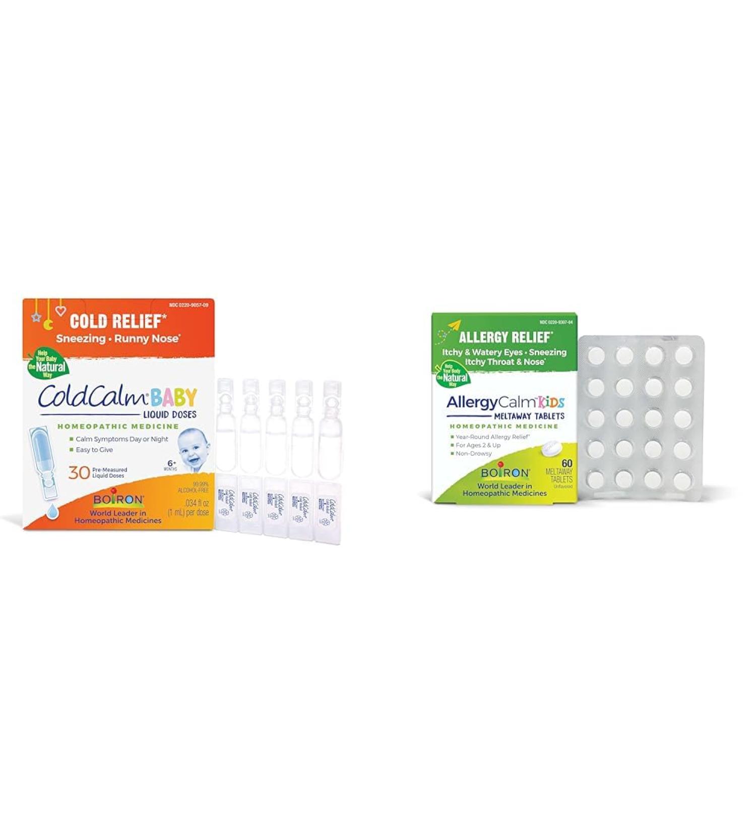 Boiron ColdCalm Baby Drops for Cold Symptoms and AllergyCalm Kids Tablets for Allergy Symptoms - 30 Count Liquid Doses and 60 Count Tablets - Buy Online on GoSupps.com
